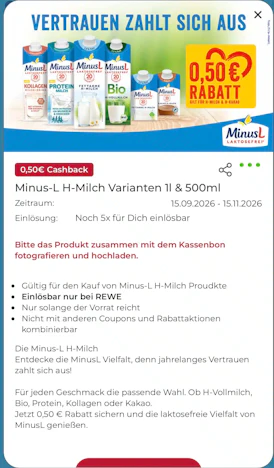 🥛 50 Cent Cashback auf MinusL H-Milch bei Rewe via Scondoo