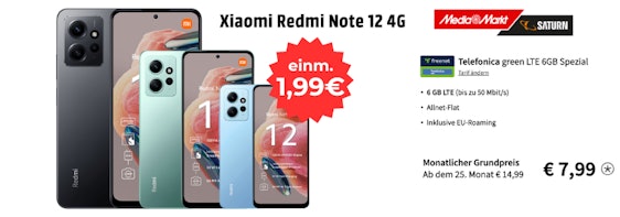Nur 7,99€ mtl.! Xiaomi Redmi Note 12 + 6 GB LTE50 o2-Allnet