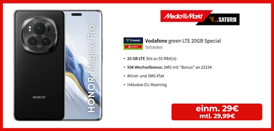 128€ Ersparnis! 🤯 Magic 6 Pro eff. kostenlos - mit 20GB Vodafone Allnet-Flat für 34,99€ mtl.