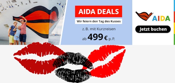 AIDA Kussmundschiff für 499€ buchen - romantische Kreuzfahrten als super Paar-Erlebnis zum Tag des Kusses