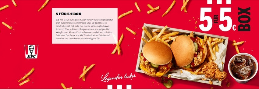 KFC 5 für 5€ Box » mit 2 Burgern, Hot Wing, Pommes und Soft Drink