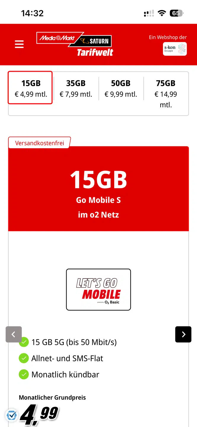 Let‘s Go Mobile: 15GB / 5G Allnet SMS / O2 / 4,99€ Monat