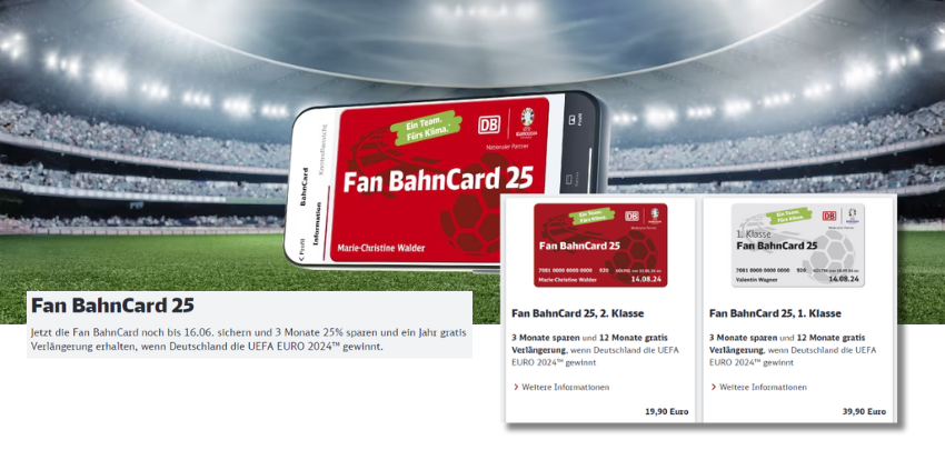 Fan BahnCard 25 für 20€ - 25% Rabatt für 3 Monate, Kündigung flexibel, mit Fußball-Bonus