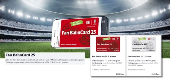 Fan BahnCard 25 für 20€ - 25% Rabatt für 3 Monate, Kündigung flexibel, mit Fußball-Bonus