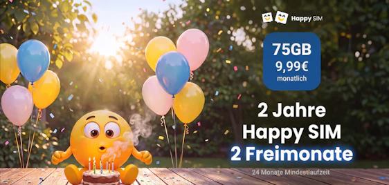 2 Monate GRATIS, 0€ Anschlusspreis, monatlich kündbar 😏 Happy SIM Allnet-Flats inkl. 5G | z.B.: 75GB ab 9,16€ pro Monat