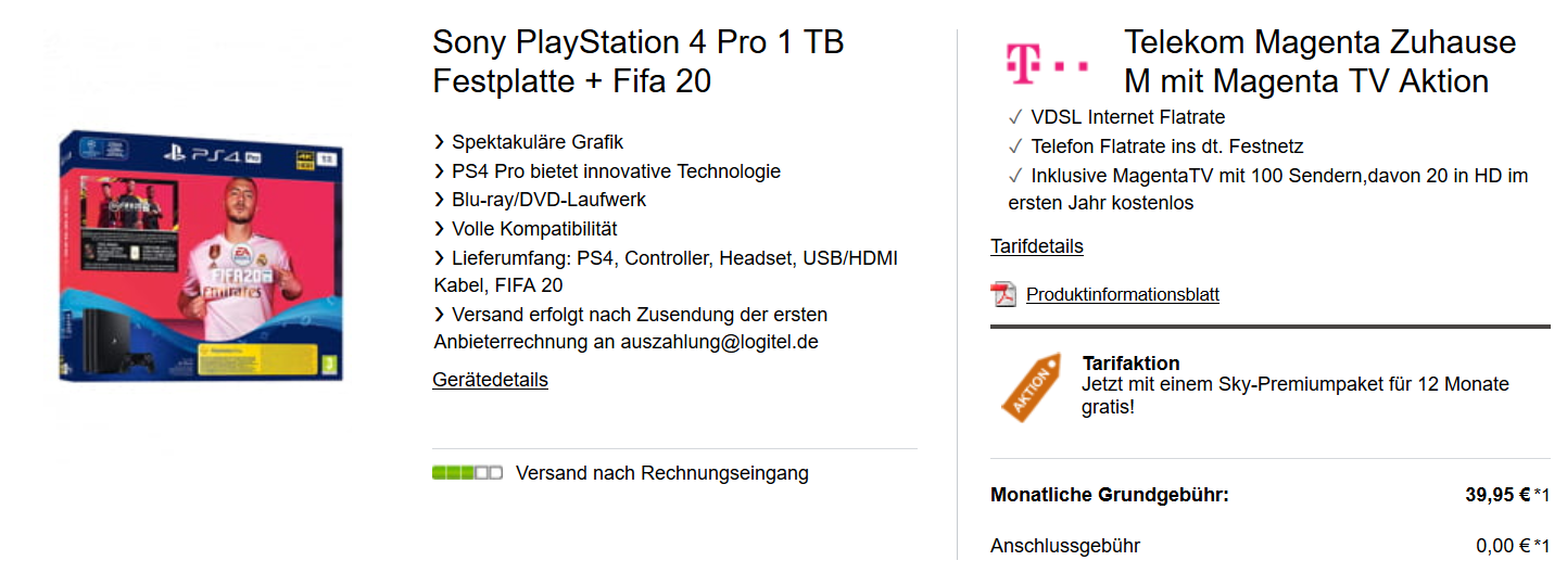Telekom Magenta Zuhause M mit MagentaTV ab 33€/Monat - inkl. 12 Monate Sky, 160€ Cashback und PS4 Pro FIFA Bundle