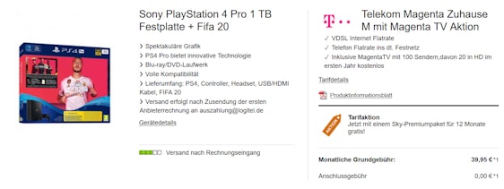 Telekom Magenta Zuhause M mit MagentaTV ab 33€/Monat - inkl. 12 Monate Sky, 160€ Cashback und PS4 Pro FIFA Bundle