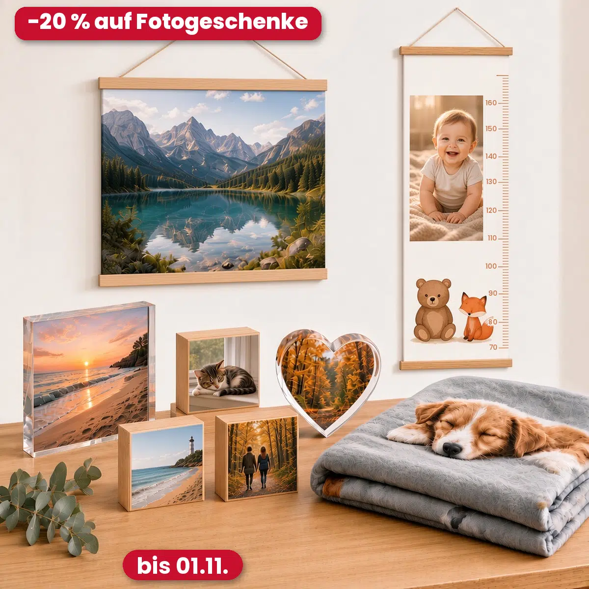 Außergewöhnliche Fotogeschenke: 20 % auf Foto-Acrylblock, Holzwürfel, Kindermesslatte &amp; Babydecke bei Rossmann Fotowelt (bis 01.11.)