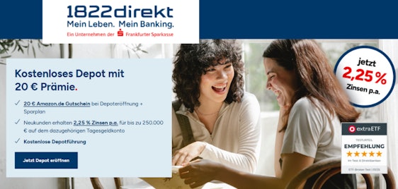 Mit 20€ Amazon.de Gutschein 💵 1822direkt kostenloses Depot | + 2,25% Zinsen p.a. auf Tagesgeld