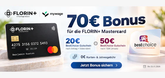70€ Prämien-Bonus für die Florin+ Mastercard 💳
