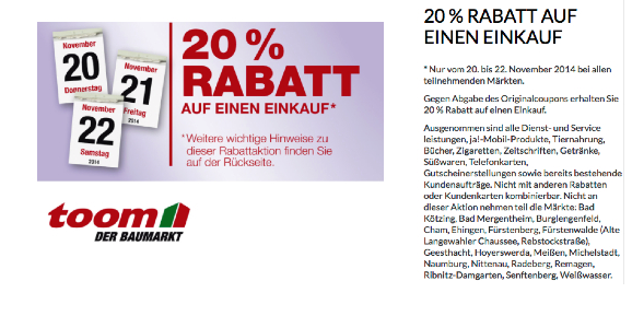 [offline] 20% Rabatt in toom Baumärkten + weitere 10% bzw. 12% bei Hornbach und Bauhaus durch Tiefpreisgarantie
