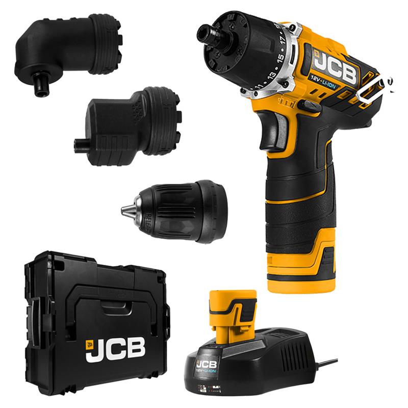 JCB Akku Bohrschrauber 12V inkl. 2x2,0 Ah Akkus Ladegerät 3x Aufsätze und L-BOXX (inklusive JCB 3-Jahres Garantie) (ad)