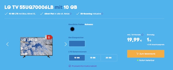 LG TV 55UQ70006LB im Blau Allnet XL für 22€/Monat – 10 GB LTE Allnet- und SMS-Flat, EU-Roaming