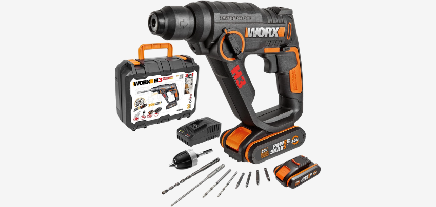 WORX (WX390.1) Bohrhammer – SDS-plus 20V Bohrmaschine (mit Akkus &amp; Ladegerät &amp; Koffer)