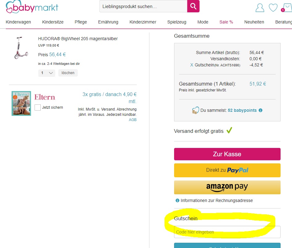 Babymarkt-Gutschein einlösen
