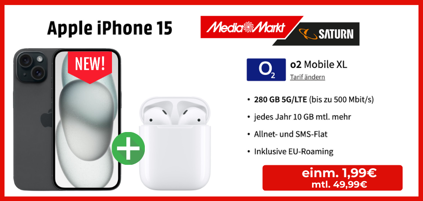 Einm. nur 1,99€! 🤩 Apple iPhone 15 + AirPods mit Case 2. Gen &amp; 280 GB 5G/LTE o2-Allnet für 49,99€/Monat