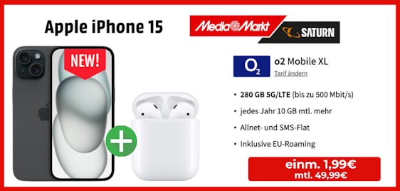 Einm. nur 1,99€! 🤩 Apple iPhone 15 + AirPods mit Case 2. Gen & 280 GB 5G/LTE o2-Allnet für 49,99€/Monat