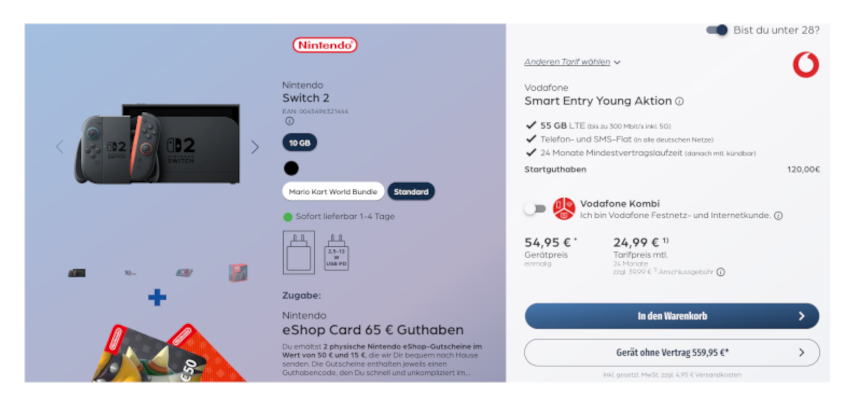 Nintendo Switch 2 mit Vodafone Smart Entry Young ab 19,99€ mtl. - 50 GB 5G, Allnet-Flat und 120€ Startguthaben