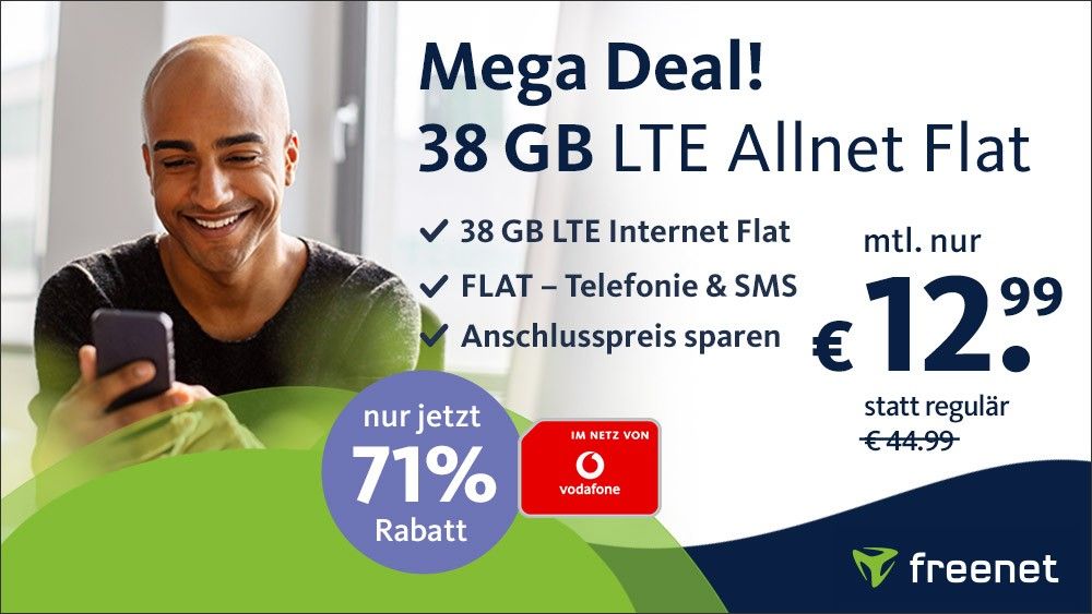 Letzte Chance! Freenet Vodafone green LTE mit 38GB für 12,99€/Monat 😍 - inkl. Allnet-Flat, SMS &amp; EU-Roaming 