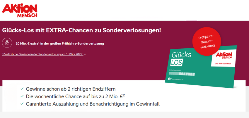 Sonderaktion der Aktion Mensch sichern - bis zu 2€ Millionen gewinnen &amp; an der Frühjahrs-Sonderverlosung teilnehmen