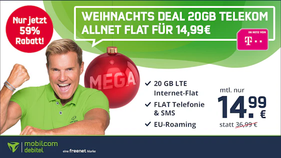 Nur noch bis 19 Uhr! mobilcom-debitel Telekom Green LTE 20 für 16€ – 20 GB LTE, Telefon- und SMS-Flat, EU-Roaming