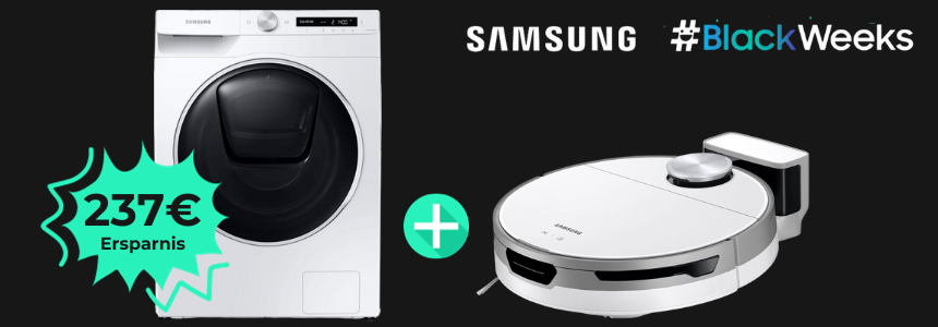2-für-1! 🤩 Black Weeks bei Samsung: WD5500T Waschtrockner für 777€ + gratis Jet Bot Saugroboter