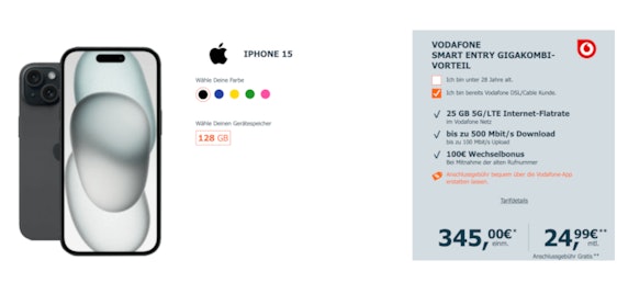 100€ Wechselbonus! 🤯 Apple iPhone 15 für einmalig 345€ im 25 GB Vodafone Smart Entry für eff. 2,11€ mtl. 🤩