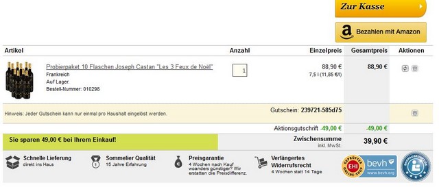 Probierpaket 10 Flaschen Joseph Castan "Les 3 Feux de Noël" für 40€