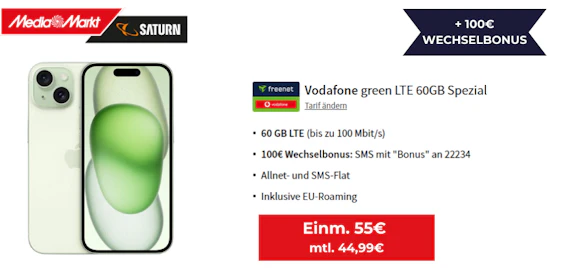 Mit 100€ Wechselbonus! iPhone 15 für 55€ + 60GB LTE Vodafone Allnet-Flat für 44,99€ mtl.