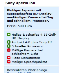 Sony Xperia ion für 319€ - 4,55" Touchscreen mit superscharfem Display