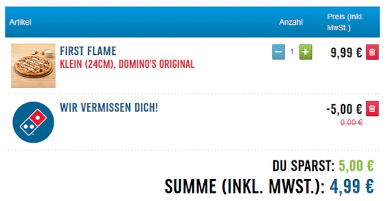 50% Rabatt auf alle Pizzen bei Domino's