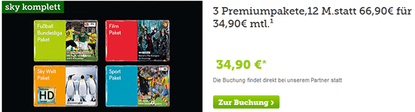 Sky Komplett für 34,90€ monatlich inkl. aller Kanäle mit HD und Festplattenreceiver