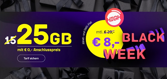 Black Week Kracher: 25 GB LTE für nur 8€/Monat 💰 HIGH Allnet im besten Telekom-Netz
