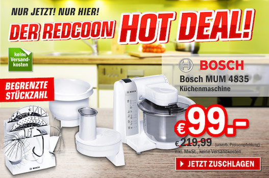 Bosch MUM 4835 Küchenmaschine für 99€ als Hotdeal bei redcoon