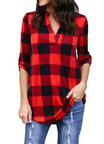 Damen Plaid Lose Shirt V-Ausschnitt mit Langen Ärmeln