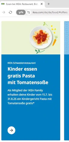 IKEA Restaurant "Kinder essen gratis Pasta mit Tomatensoße"