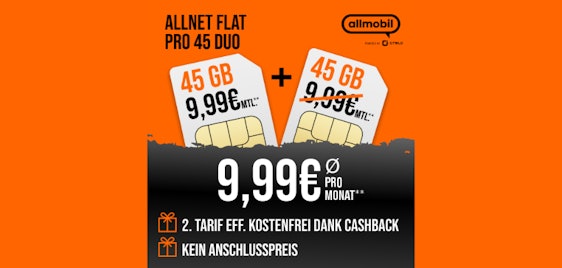 1 Tarif komplett GRATIS 💰🤙 2x 45GB 5G Allmobil-Flat im Vodafone-Netz | Nur 9,99€ mtl.