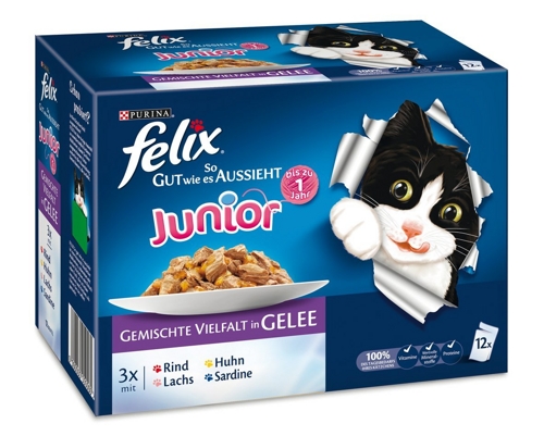 TOP: Felix So gut wie es aussieht Junior Katzenfutter Rind, Huhn, Lachs, Sardine, 12 Beutel (12 x 100 g) für nur 2,50 EUR