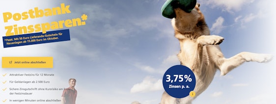 Schnell! ⏳ Postbank Zinssparen mit 3,75% p.a. — Festzins für 12 Monate + Gutschein 50€ Lieferando