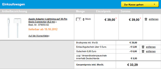 Apple Lightning Adapter (iPhone 5) für 27€ mit 0,2m Kabel oder ohne Kabel für 23€