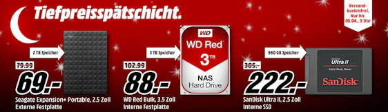 Speicher-Tiefpreisspätschicht bei Media Markt - z.B. SanDisk Ultra II 960GB SSD für 222€