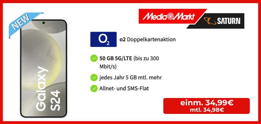 Samsung Galaxy S24 (128GB) für 35€ + 2x 50GB o2 Mobile M Boost–Allnet Flat für 34,98€/Monat 📱💫 – o2 Doppelkartenaktion