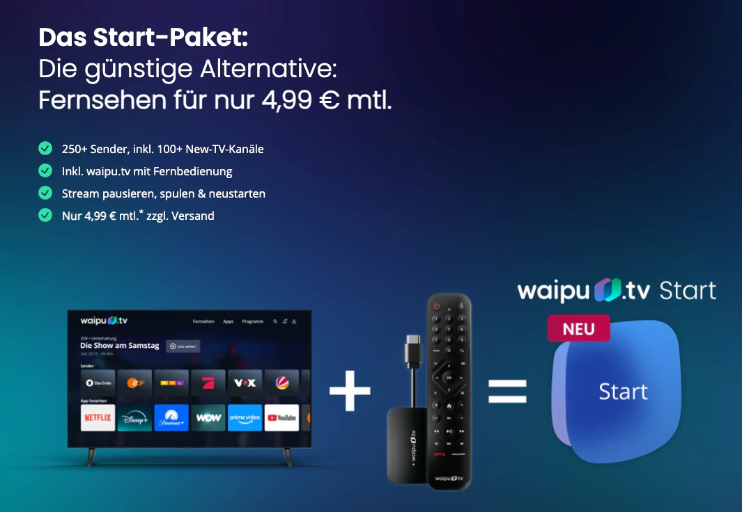 Waipu-TV-Start-Angebot-Streaming-Stick- WaipuTV Start: 1 Jahr Fernsehen + 4k Streaming-Stick nur 4,99€ monatlich