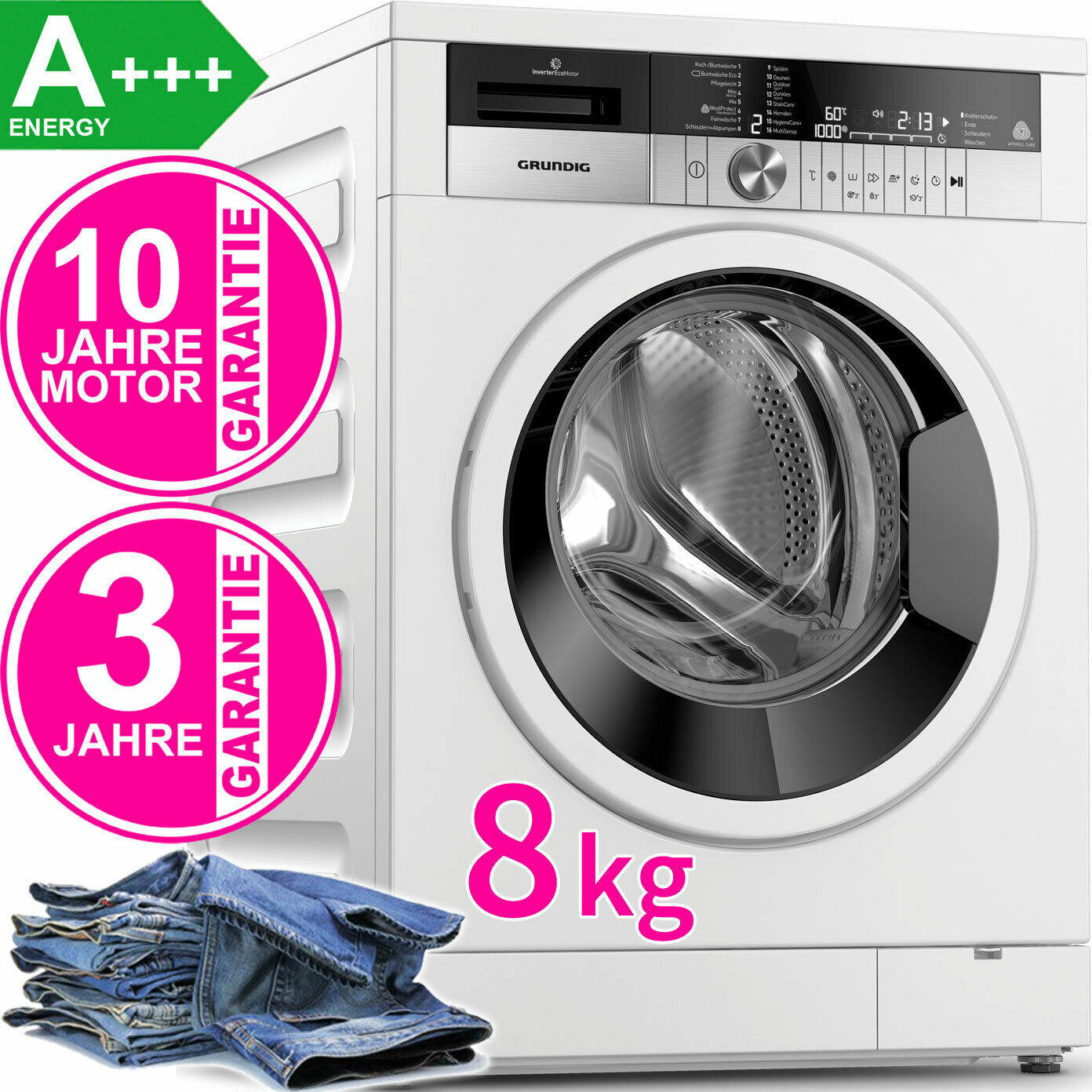 Grundig XL 8 kg Inverter-Motor Waschmaschine WasserProtect+ Frontlader A+++ NEU