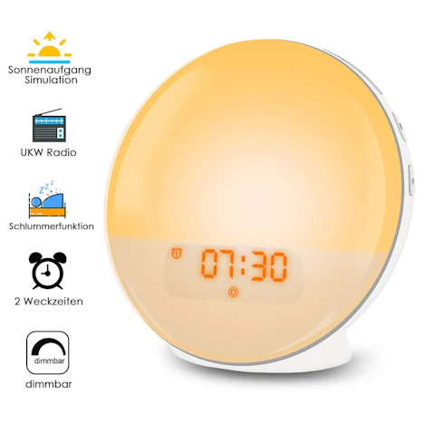 Weckalarm mit 7-farbiger Sonnenaufgangssimulation und Sonnenuntergangs-Nachtlicht