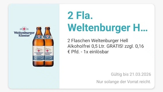Gratis 2 Flaschen Weltenburger hell Alkoholfrei in der Logo App