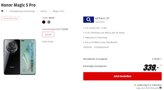 Rechnerisch sogar mit Ersparnis 🤓 Das Honor Magic5 Pro (339€) im O2 Basic 20 für 19,99€ mtl. - 13GB o2 Allnet Flat