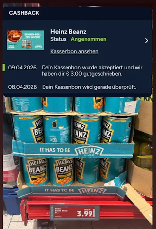 4 x Heinz Beanz für effektiv 0,99 Euro (Kauf bei Penny 3,99 sowie 3€ Cashback bei Marktguru)