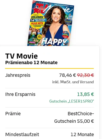 TV Movie (12 Monatsabo): abzüglich Prämie effektiv 23,46 Euro nur noch bis zum 12.10.2026