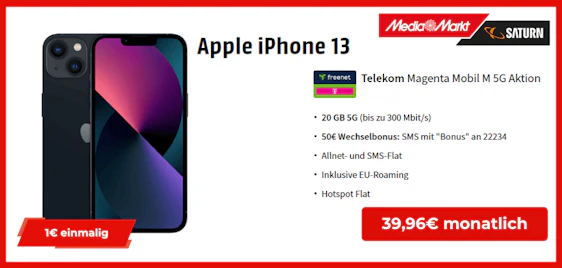Apple iPhone 13 (128GB) für einmalig 1€ im 20GB Telekom Tarif für 39,96€/Monat